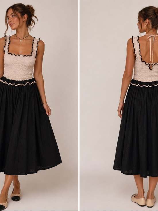 Free People Dresses & Skirts - Free People Tovi Dress Cream Black Smocked Ruffle Midi Dress Size M